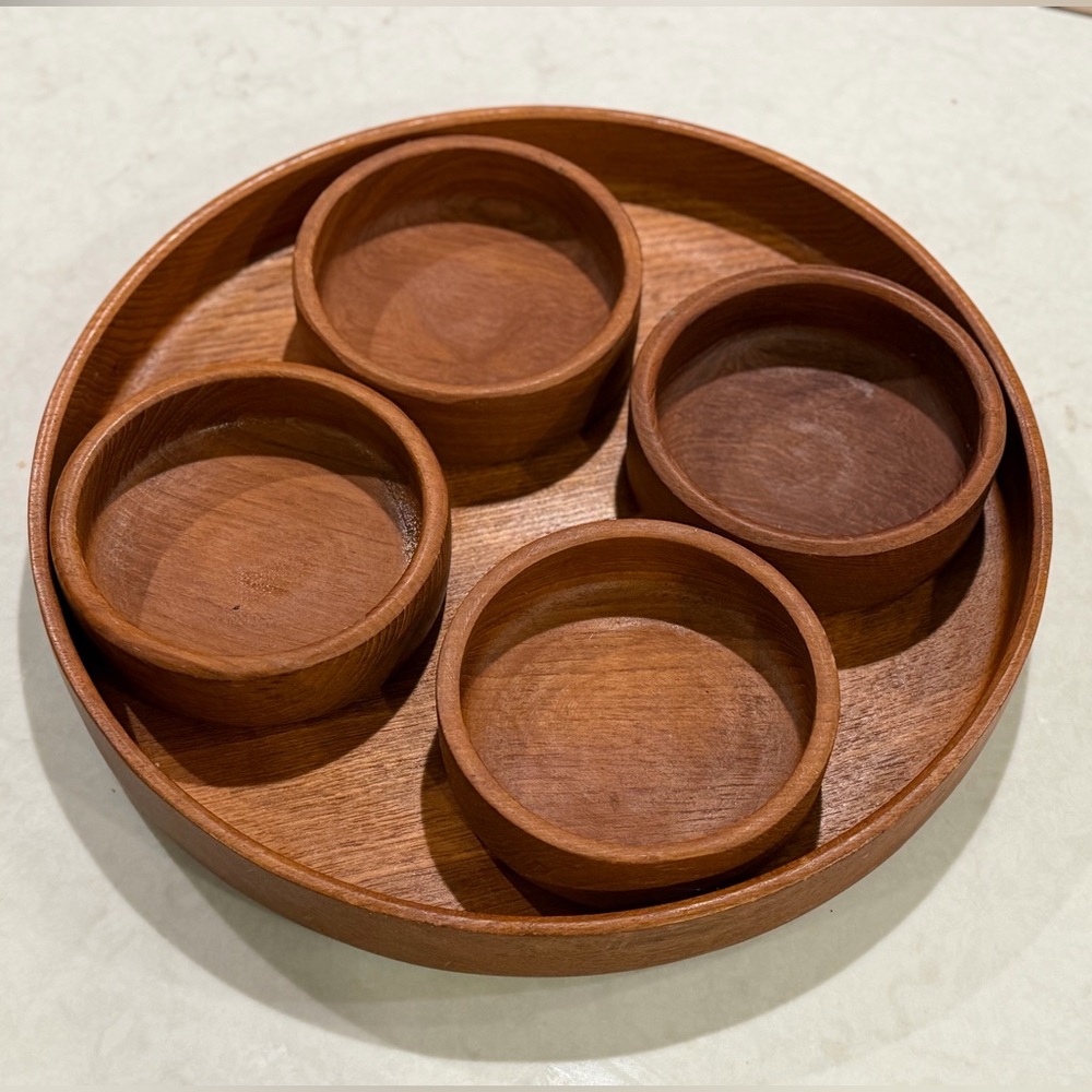 Rare Vintage Hand Made Wood Round Tray with Bowls Large Entertaining Decor Home